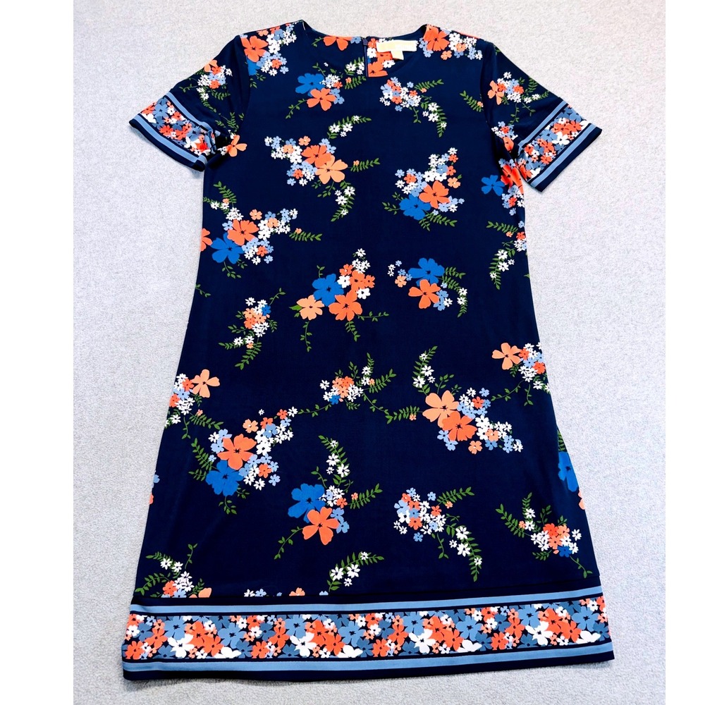 Michael Kors Floral Shift Dress Large Navy Blue Coral Short Sleeve Career Summer
